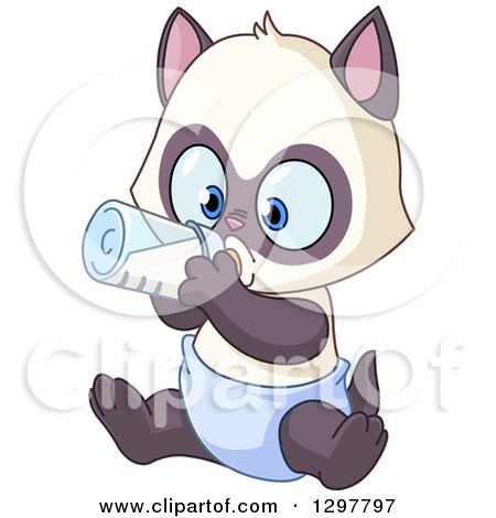 Clipart of a Cartoon Baby Kitten Wearing a Diaper and Drinking from a Bottle - Royalty Free Vector Illustration by yayayoyo