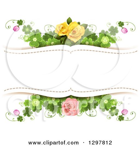 Clipart of a Floral Yellow and Pink Rose and Shamrock Clover Wedding Background with Text Space - Royalty Free Vector Illustration by merlinul