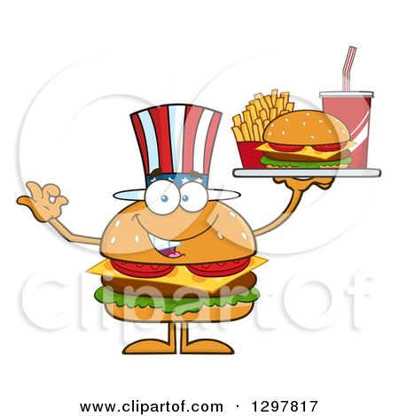 Clipart of a Cartoon American Cheeseburger Character Holding a Tray and Gesturing Ok - Royalty Free Vector Illustration by Hit Toon