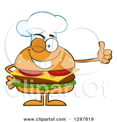 Clipart of a Cartoon Cheeseburger Chef Character Giving a Thumb up - Royalty Free Vector Illustration by Hit Toon