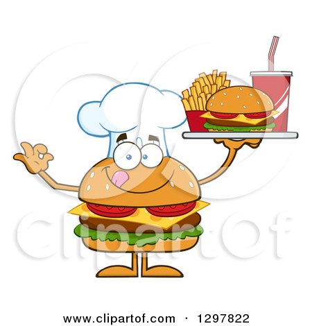 Clipart of a Cartoon Cheeseburger Chef Character Holding up a Tray and Gesturing Ok - Royalty Free Vector Illustration by Hit Toon