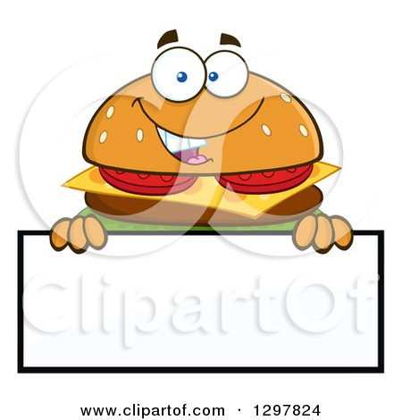 Clipart of a Cartoon Cheeseburger Character over a Blank Sign - Royalty Free Vector Illustration by Hit Toon