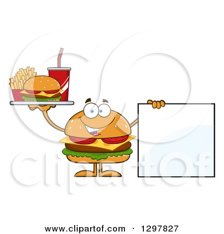 Clipart of a Cartoon Cheeseburger Character Holding up a a Tray and a Blank Sign - Royalty Free Vector Illustration by Hit Toon