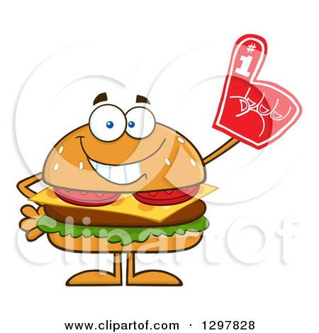 Clipart of a Cartoon Cheeseburger Character Wearing a Foam Finger - Royalty Free Vector Illustration by Hit Toon