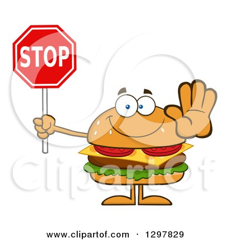 Clipart of a Cartoon Cheeseburger Character Gesturing and Holding a Stop Sign - Royalty Free Vector Illustration by Hit Toon