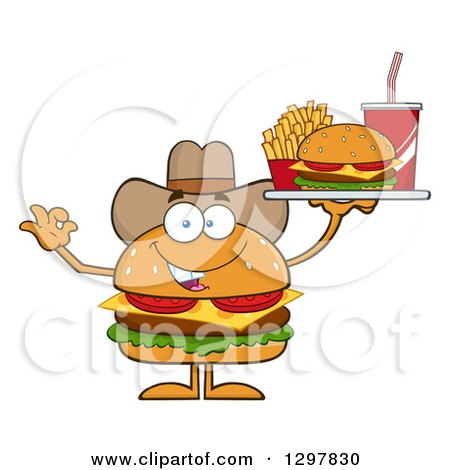 Clipart of a Cartoon Cheeseburger Cowboy Character Holding a Tray and Gesturing Ok - Royalty Free Vector Illustration by Hit Toon