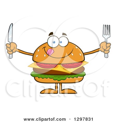 Clipart of a Cartoon Hungry Cheeseburger Character Holding a Knife and Fork - Royalty Free Vector Illustration by Hit Toon