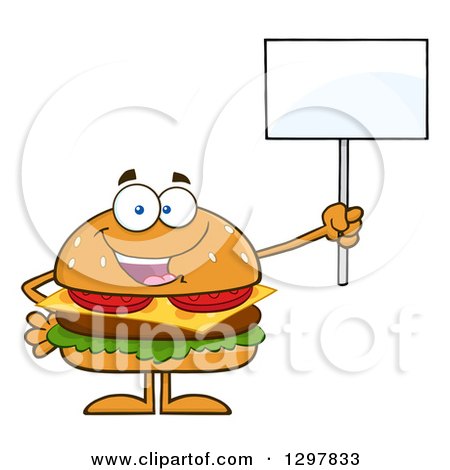 Clipart of a Cartoon Cheeseburger Character Holding up a Blank Sign - Royalty Free Vector Illustration by Hit Toon