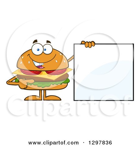 Clipart of a Cartoon Cheeseburger Character Holding a Blank Sign - Royalty Free Vector Illustration by Hit Toon