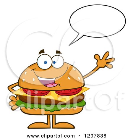 Clipart of a Cartoon Cheeseburger Character Talking and Waving - Royalty Free Vector Illustration by Hit Toon