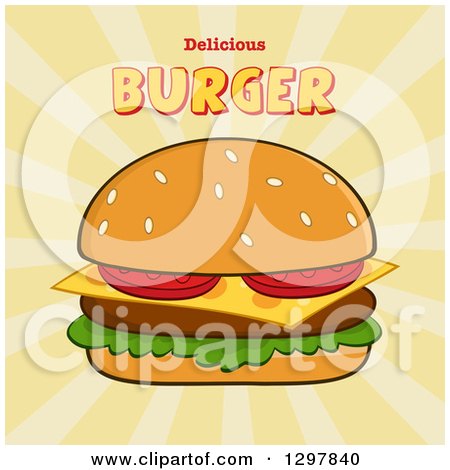 Clipart of a Cartoon Cheeseburger with Text over Rays - Royalty Free Vector Illustration by Hit Toon