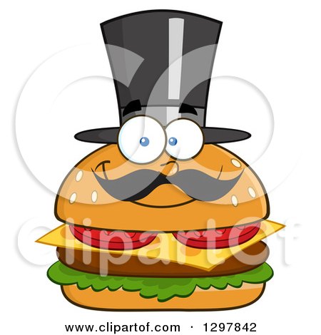 Clipart of a Cartoon Cheeseburger Character with a Mustache and Top Hat - Royalty Free Vector Illustration by Hit Toon