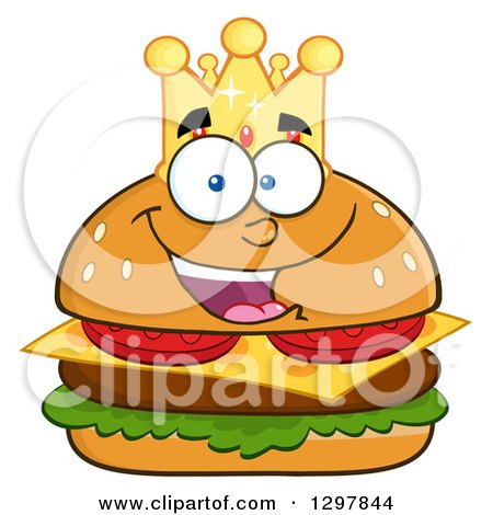 Clipart of a Cartoon Cheeseburger King Character Wearing a Crown - Royalty Free Vector Illustration by Hit Toon