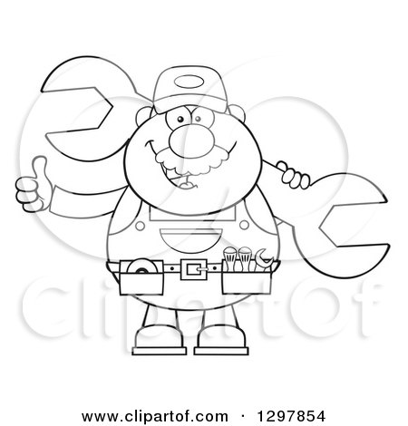 Clipart of a Cartoon Black and White Male Mechanic Wearing a Tool Belt, Giving a Thumb up and Holding a Giant Wrench - Royalty Free Vector Illustration by Hit Toon