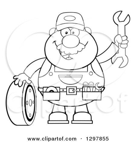 Clipart of a Cartoon Black and White Male Mechanic Wearing a Tool Belt, Waving with a Wrench and Standing with a Tire - Royalty Free Vector Illustration by Hit Toon