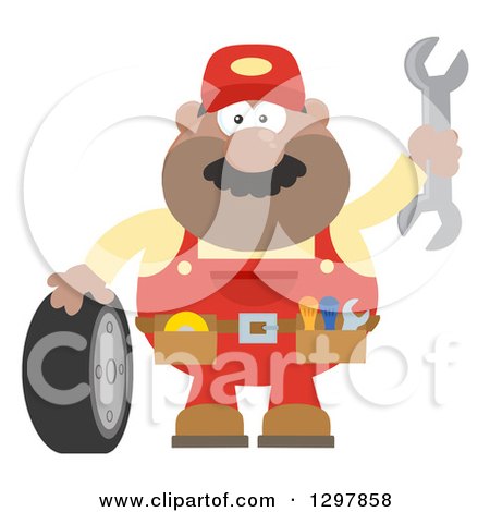 Clipart of a Cartoon Flat Design Black or Hispanic Male Mechanic Wearing a Tool Belt, Waving with a Wrench and Standing with a Tire - Royalty Free Vector Illustration by Hit Toon