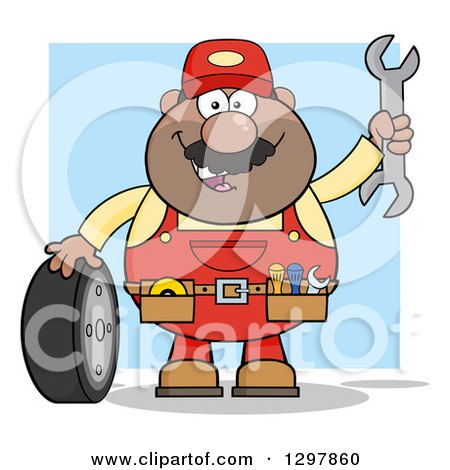 Clipart of a Cartoon Black or Hispanic Male Mechanic Wearing a Tool Belt, Waving with a Wrench and Standing with a Tire over Blue - Royalty Free Vector Illustration by Hit Toon