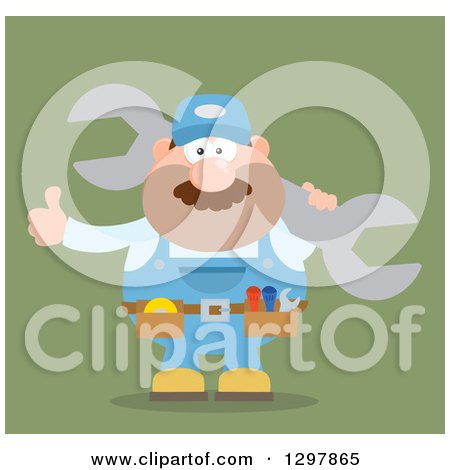 Clipart of a Cartoon Flat Design White Male Mechanic Wearing a Tool Belt, Giving a Thumb up and Holding a Giant Wrench on Green - Royalty Free Vector Illustration by Hit Toon
