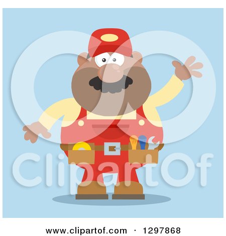 Clipart of a Cartoon Flat Design Black or Hispanic Male Mechanic Wearing a Tool Belt and Waving over Blue - Royalty Free Vector Illustration by Hit Toon