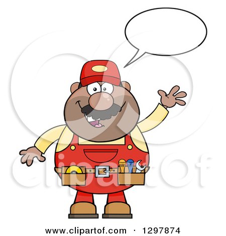 Clipart of a Cartoon Black or Hispanic Male Mechanic Wearing a Tool Belt, Talking and Waving - Royalty Free Vector Illustration by Hit Toon