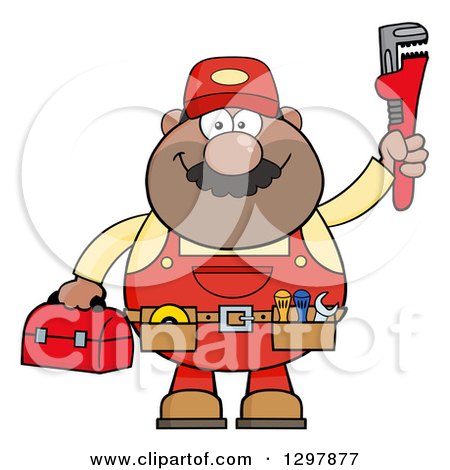 Clipart of a Cartoon Black or Hispanic Male Plumber Wearing a Tool Belt and Holding up a Monkey Wrench - Royalty Free Vector Illustration by Hit Toon