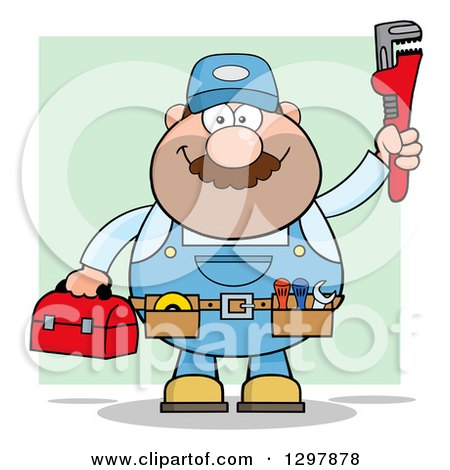Clipart of a Cartoon White Male Plumber Wearing a Tool Belt and Holding up a Monkey Wrench over Green - Royalty Free Vector Illustration by Hit Toon