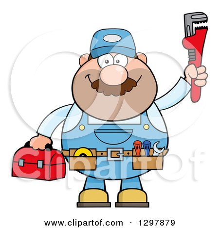 Clipart of a Cartoon White Male Plumber Wearing a Tool Belt and Holding up a Monkey Wrench - Royalty Free Vector Illustration by Hit Toon
