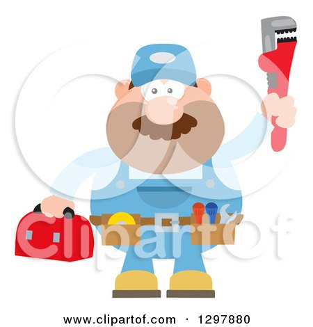 Clipart of a Cartoon Flat Design White Male Plumber Wearing a Tool Belt and Holding up a Monkey Wrench - Royalty Free Vector Illustration by Hit Toon