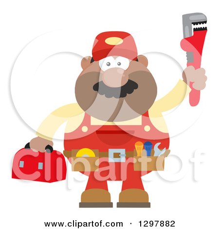Clipart of a Cartoon Flat Design Black or Hispanic Male Plumber Wearing a Tool Belt and Holding up a Monkey Wrench - Royalty Free Vector Illustration by Hit Toon