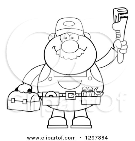 Clipart of a Cartoon Black and White Male Plumber Wearing a Tool Belt and Holding up a Monkey Wrench - Royalty Free Vector Illustration by Hit Toon