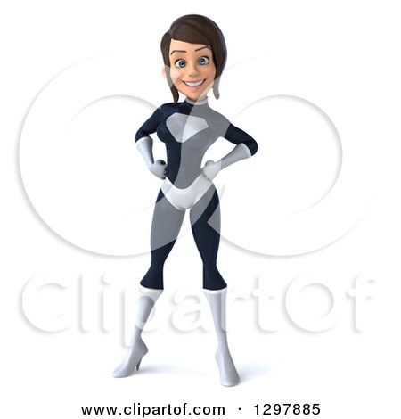 Clipart of a 3d Brunette White Female Super Hero in a Black and White Suit, Posing with Hands on Hips - Royalty Free Illustration by Julos
