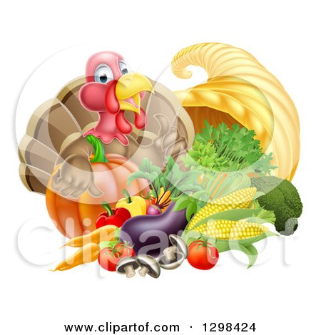 Clipart of a Cute Turkey Bird Giving a Thumb up over a Pumpkin and Harvest Cornucopia - Royalty Free Vector Illustration by AtStockIllustration