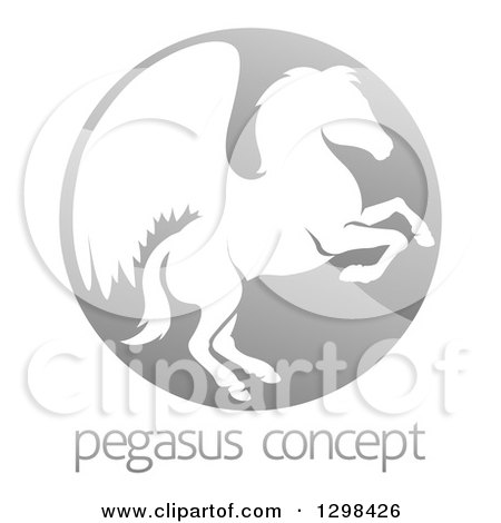 Clipart of a Silhouetted Rearing Pegasus Winged Horse in a Shiny Gray Circle over Sample Text - Royalty Free Vector Illustration by AtStockIllustration