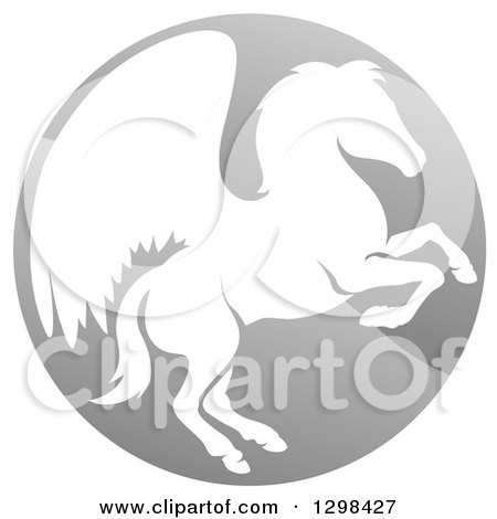 Clipart of a Silhouetted Rearing Pegasus Winged Horse in a Shiny Gray Circle - Royalty Free Vector Illustration by AtStockIllustration