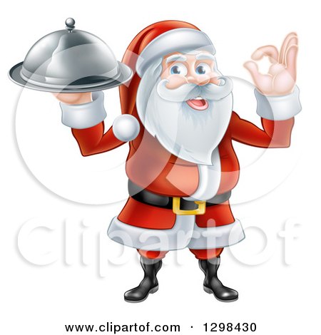 Christmas Clipart of a Happy Santa Claus Gesturing Ok and Holding a Food Cloche Platter - Royalty Free Vector Illustration by AtStockIllustration