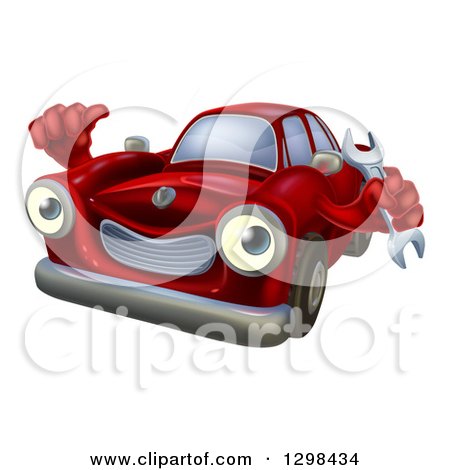 Clipart of a Happy Cartoon Red Car Character Holding a Wrench and Thumb up - Royalty Free Vector Illustration by AtStockIllustration