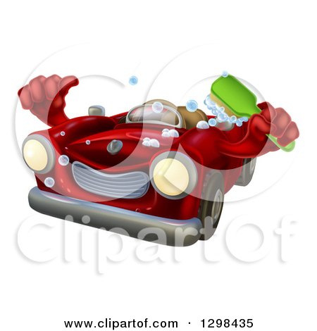 Clipart of a Red Convertible Car Character Holding a Thumb up and a Scrub Brush - Royalty Free Vector Illustration by AtStockIllustration
