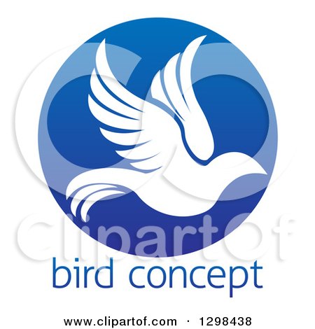Clipart of a Silhouetted White Dove in Flight Inside a Blue Circle Above Sample Text - Royalty Free Vector Illustration by AtStockIllustration