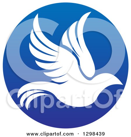 Clipart of a Silhouetted White Dove in Flight Inside a Blue Circle - Royalty Free Vector Illustration by AtStockIllustration
