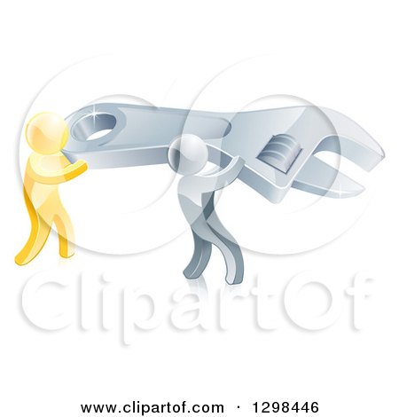 Clipart of a 3d Silver and Gold Men Working Together and Carrying a Large Adjustable Wrench - Royalty Free Vector Illustration by AtStockIllustration