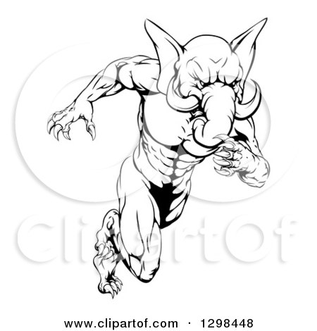 Clipart of a Black and White Muscular Aggressive Elephant Man Mascot Running Upright - Royalty Free Vector Illustration by AtStockIllustration