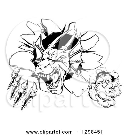 Clipart of a Black and White Vicious Dragon Mascot Head Shredding Through a Wall - Royalty Free Vector Illustration by AtStockIllustration