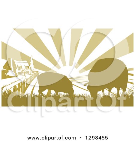Clipart of a Sunrise over a Cottage Farm House with Two Sheep and Fields - Royalty Free Vector Illustration by AtStockIllustration