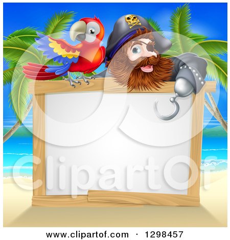 Clipart of a Hook Handed Pirate Captain with a Parrot over a Blank Sign on a Tropical Beach - Royalty Free Vector Illustration by AtStockIllustration