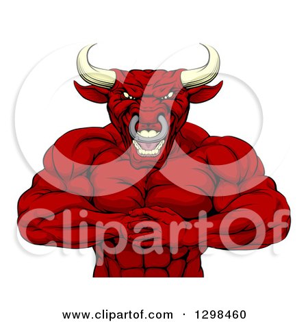 Clipart of a Tough Muscular Angry Red Bull Man Punching One Fist into a Palm - Royalty Free Vector Illustration by AtStockIllustration