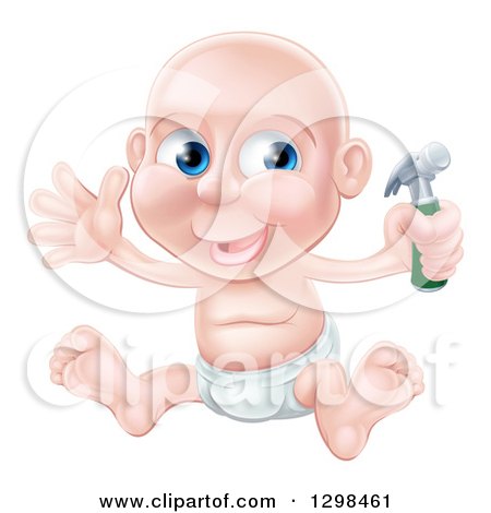 Clipart of a Happy Bald Blue Eyed Caucasian Baby Boy Sitting in a Diaper and Holding a Hammer - Royalty Free Vector Illustration by AtStockIllustration