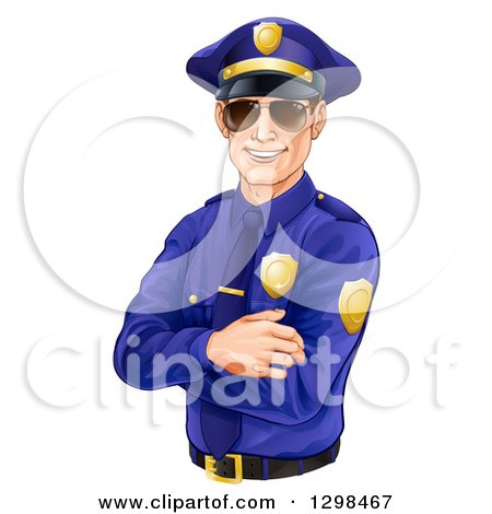 Clipart of a Happy Caucasian Male Police Officer with Folded Arms, Wearing Sunglasses and Smiling, Tilted Slightly Left - Royalty Free Vector Illustration by AtStockIllustration
