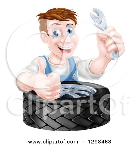 Clipart of a Happy Middle Aged Brunette White Mechanic Man Holding a Wrench and Giving a Thumb up over a Tire - Royalty Free Vector Illustration by AtStockIllustration