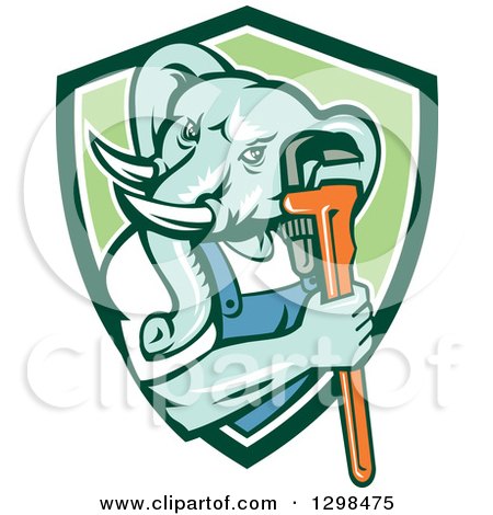 Clipart of a Retro Woodcut Muscular Turquoise Elephant Man Plumber Holding a Wrench in a Green and White Shield - Royalty Free Vector Illustration by patrimonio