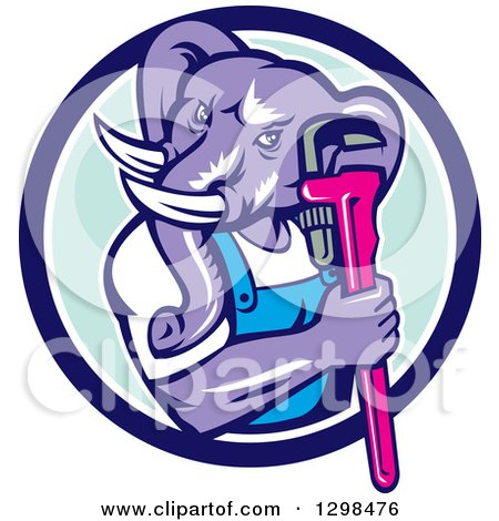 Clipart of a Retro Woodcut Muscular Purple Elephant Man Plumber Holding a Wrench in a Blue White and Turquoise Circle - Royalty Free Vector Illustration by patrimonio